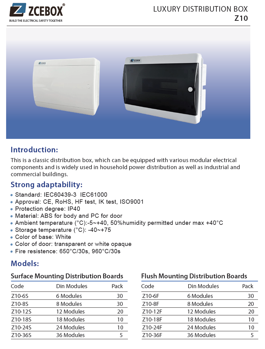 Z10 distribution box product sheet, CE and RoHS certified