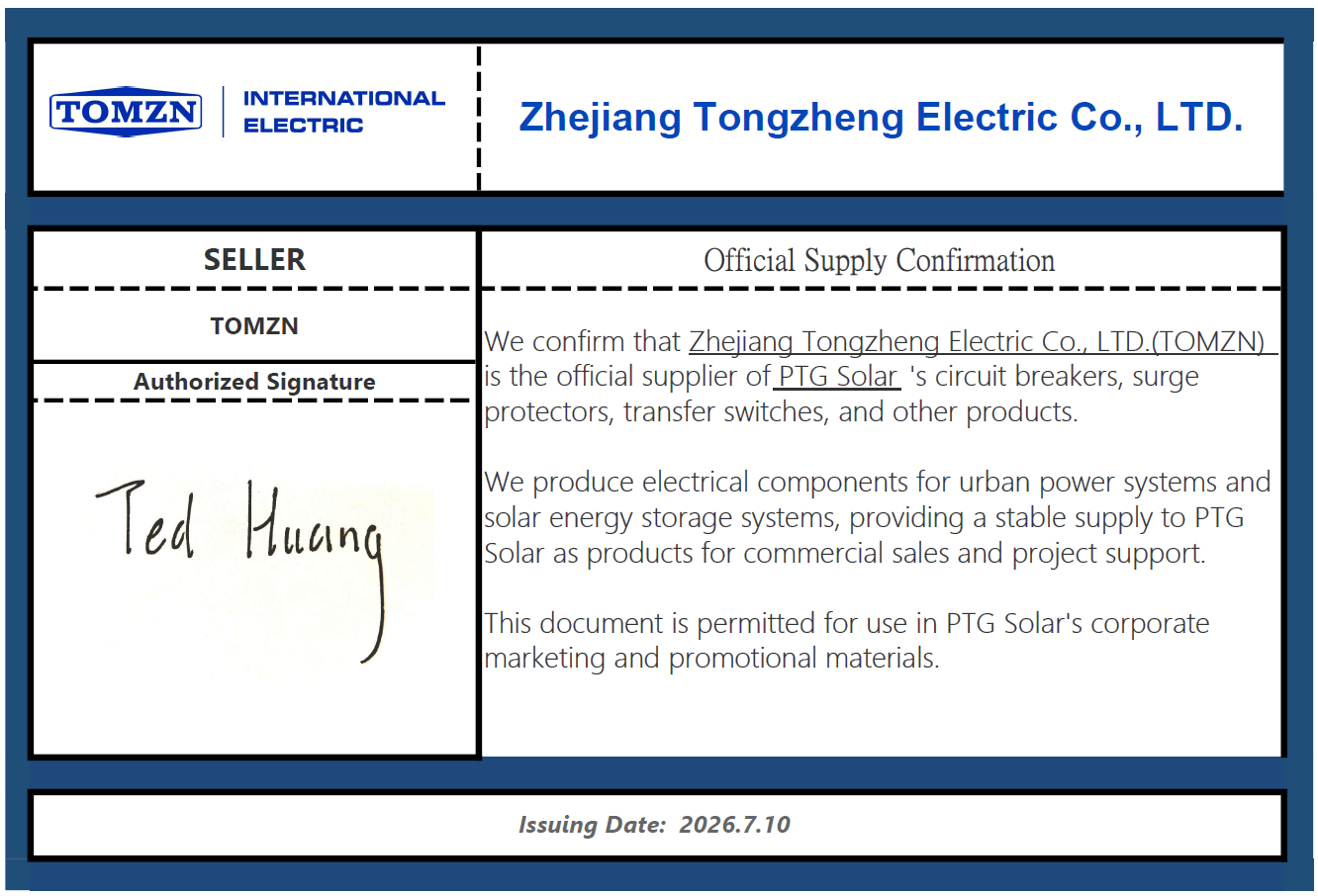 TOMZN International Electric official supply confirmation for PTG Solar